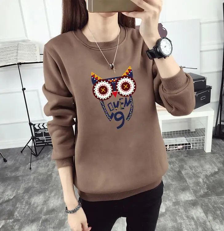 Light Brown Новое поступление осень зима Женская Толстовка Мода 23 Цвета Плюс Размер Свободный милый сова Толстовка-пуловер с принтом пальто - Цвет: Light Brown