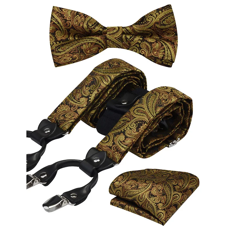 Ricnais 3 шт. Регулируемый эластичный Y Форма 6 зажимов подтяжки галстук-бабочка носовой платок набор мужской деловой Свадебный Пейсли набор