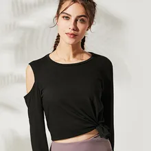 Осенняя Новая Сексуальная Спортивная футболка с открытыми плечами женские свободные быстросохнущие рубашки для йоги Ночная Беговая одежда с длинным рукавом для фитнеса