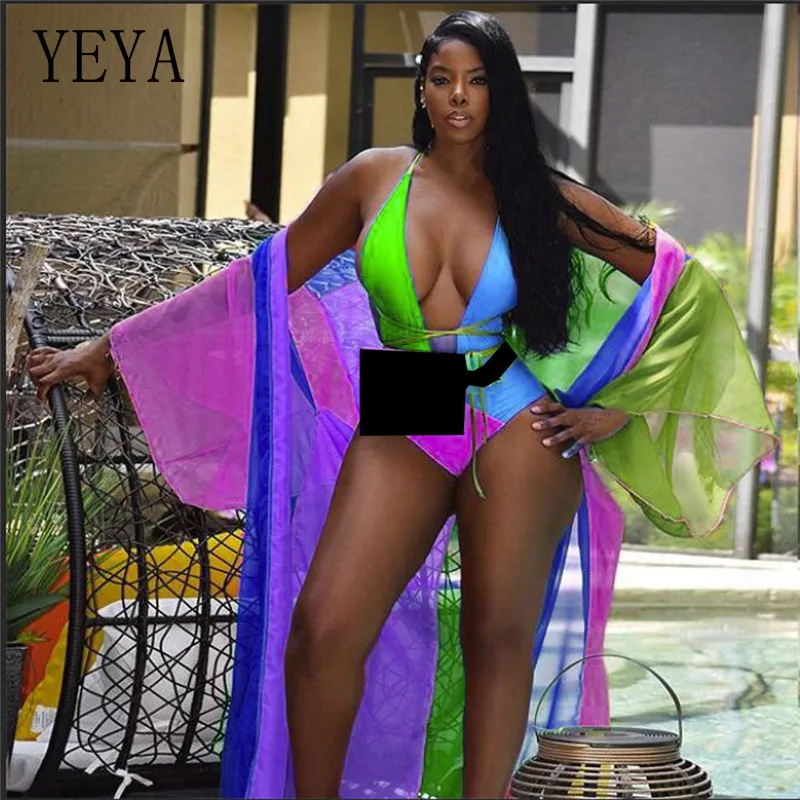 

YEYA Women Rainbow Print Long Sleeve Loose Cloak Coat + V Neck Lace Up Bodysuits Set Hollow Out Party Two Pieces Suits