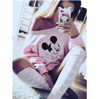 

VIGARCOOL 2019 Best seller Leisure Mickey Off-The-Shoulder T-shirt With Long Sleeves Women's Cartoon T-shirt outerwear female