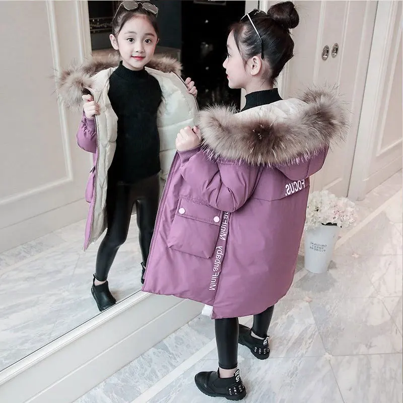 

Girl Winter Down Jacket Clothes Kids Warm Thicken Hooded Big Fur Collar Parka Coats Outwear -30 Degrees Girls Long Clothing