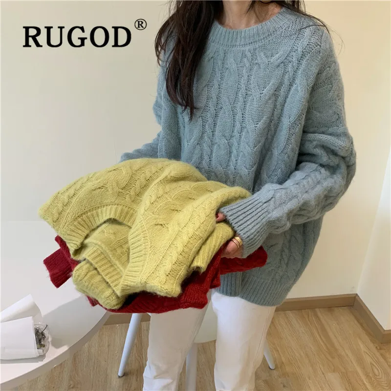 RUGOD корейский винтажный свитер, пуловеры для женщин, твист, о-образный вырез, однотонный вязаный свитер, модная Повседневная Туника, теплый женский милый пуловер