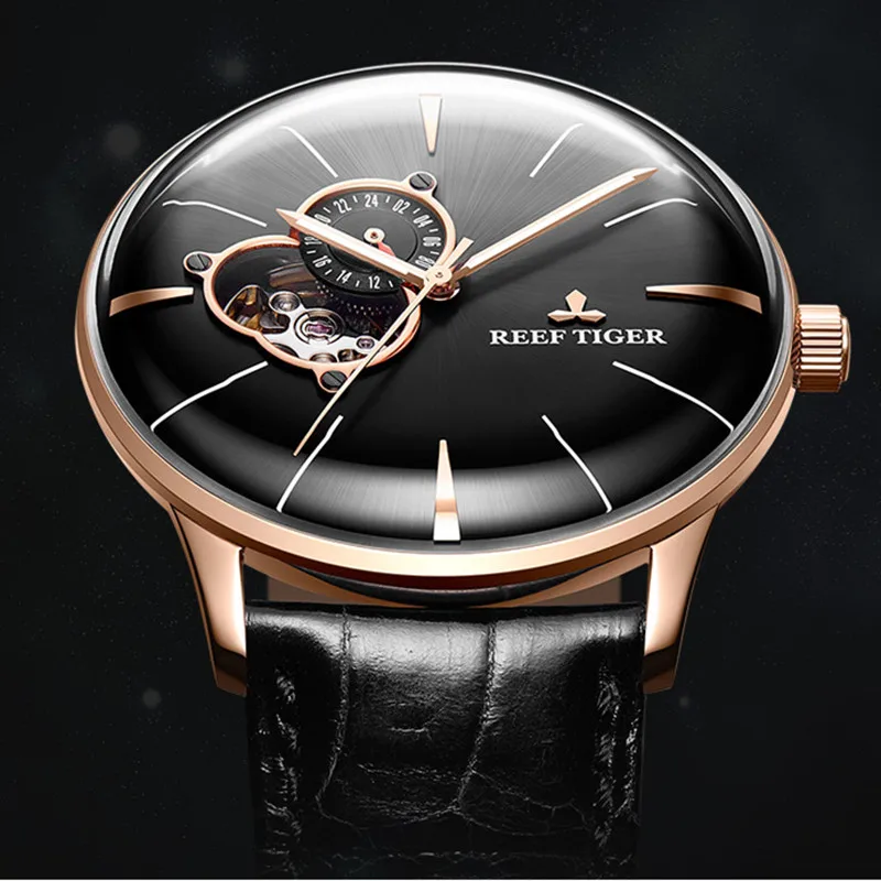 Мужские наручные часы Reef Tiger/ET черные кожаные с выпуклой линзой автоматические