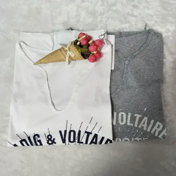 

Women Tshirt 2020 Spring Summer Women Short Sleeve T-shirt with Letter Print Rhinestones and Buttons