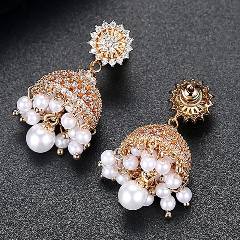 Этнические циркониевые бусины индийские Jhumka Jhumki висячие серьги женские жемчужные бусы вечерние Ювелирные изделия Подарки цыганские серьги в виде колокольчиков индийские винтажные