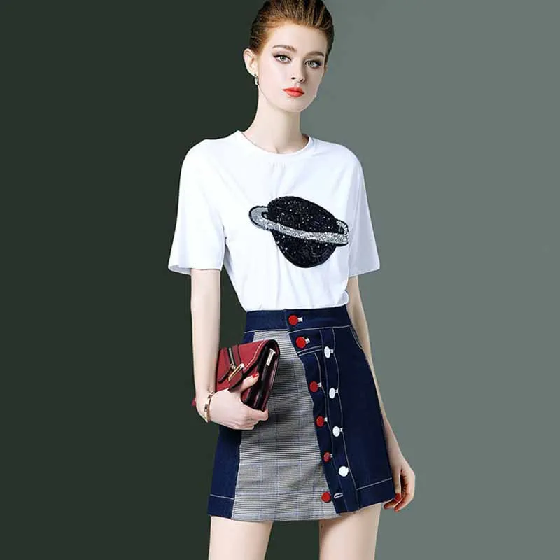 

2019 New Style Summer Wear Two-Piece Set Western Style by Age-Style Sequin Leisure T-shirt Skirt WOMEN'S Suit