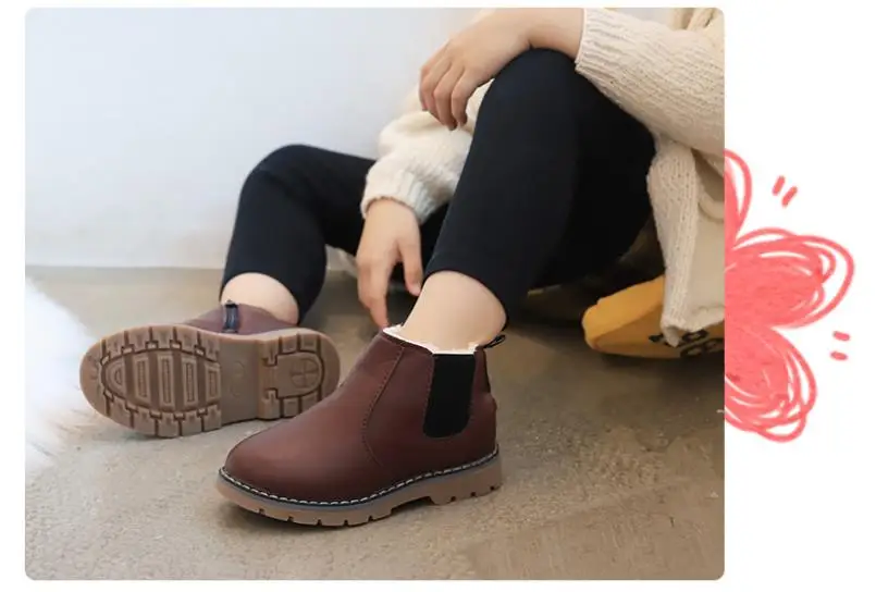 Детская зимняя кожаная плюшевая обувь для мальчиков; ботинки для малышей; Модные Ботинки martin с мехом; детские мягкие уличные ботинки для девочек