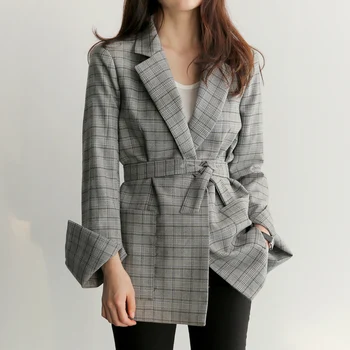 

FMFSSOM Spring Autumn Women Gray Plaid Office Lady Blazer Fashion Bow Sashes Split Sleeve Jackets Elegant Work Blazers Feminino