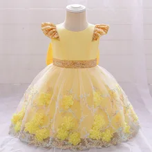 Sequins Baby Girl Dress 1st Birthday Party Wedding Dress For Girl Princess Lace Appliques Yellow Evening Dresses Kid Clothes