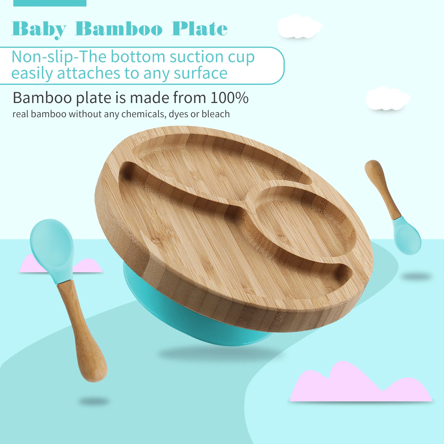 

Toddler Baby Feeding Suction Plate Soft Tip Spoon Babies Set Divided Bamboo Stay Put Plates BPA Free Baby Shower Gift
