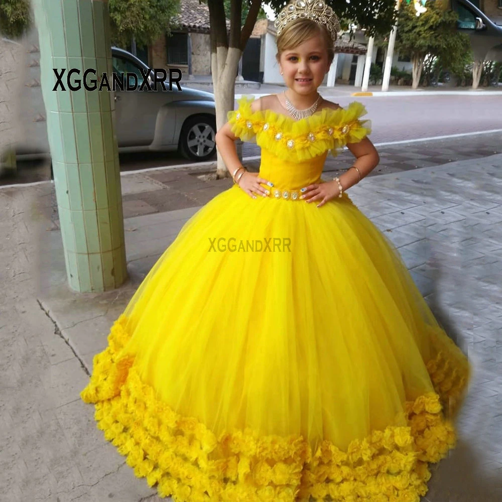 Hermoso Vestido Amarillo De Flores Para Niña, Vestidos De Cuello Redondo De Manga Corta 3D, Flores De Una Línea, Vestido De Gala Para Fiesta Y Vestidos Floreados De Niña| AliExpress