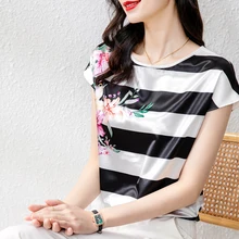 

Women's Shirt Silk Blouses for Women Striped Printing Floral Shirts Women's Clothing 2021 O-neck Satin Blouse Female Basic Shirt