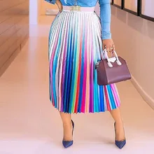 Градиентная плиссированная юбка, женская модная юбка средней длины с цветным принтом, Женская эластичная юбка с высокой талией, весенняя, летняя, зеленая, бохо, повседневная, XL