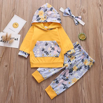 

3Pcs Baby Girls Clothes Set Long Sleeve Hooded Tops Pants Headband Flower Print Infant Newborn Clothing Suit Toddler Outfit