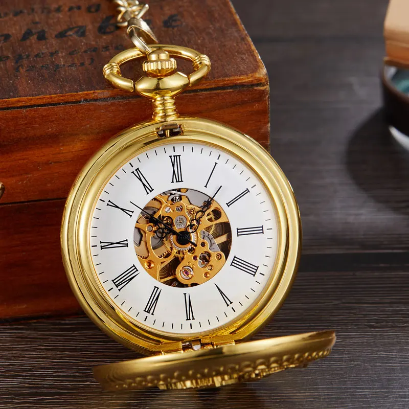 Vintage Mechanical Pocket Watch Hollow Phoenix Bird Roman Skeleton Clock Hand Winding Men Fob Chain Watches Double Case Clock