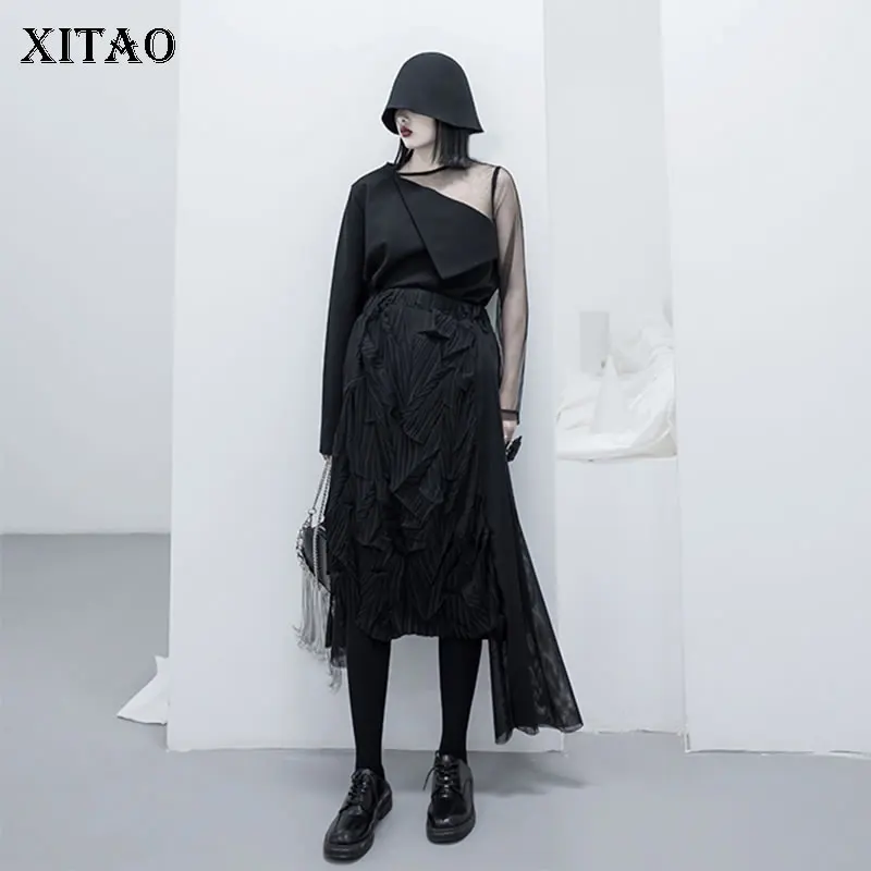 XITAO оригинальный дизайн обшитая сеткой футболка с длинными рукавами женская