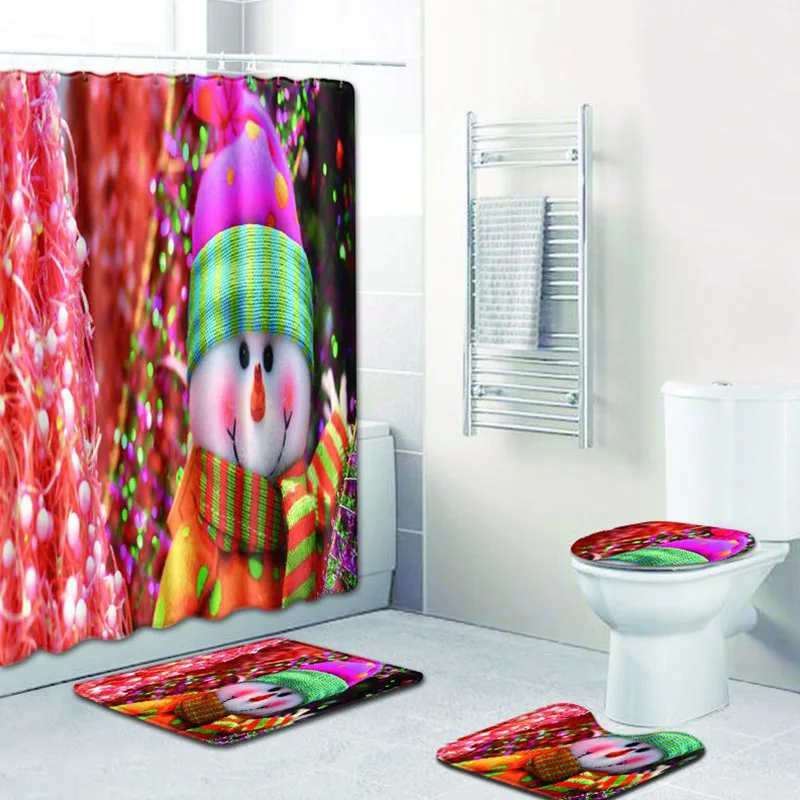 

4pcs/set Snowman Print Waterproof Shower Curtain Polyester Fabric Bath Curtain Modern Washable Home Bath Decor Curtains Hooks