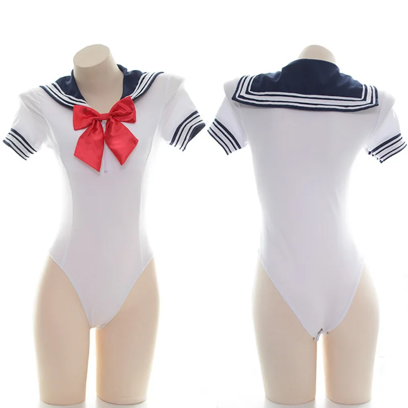 

Sexy Cute Japanese School Gym Suit Style Sailor Collar Bodysuit Anime One Piece Cosplay Exotic Appeal Swimwear Secret Button