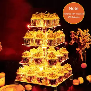 

OurWarm Lighted Cupcake Stand 4 Tier Round Acrylic Cupcake Display Pastry Tower Stand with LED String Lights Wedding Cake Decor