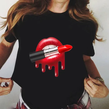 

Summer Female Red Mouth Lip Kiss T Shirt Women Black Tshirt Funny Leopard Graphic Tee Shirt Tops Harajuku Lady T-shirt Femme