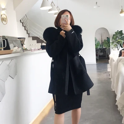 Women Wool Blend Coat fox Fur Collar Hooded jacket fashion new real fur coat long streetwear thick warm parka - Цвет: 3