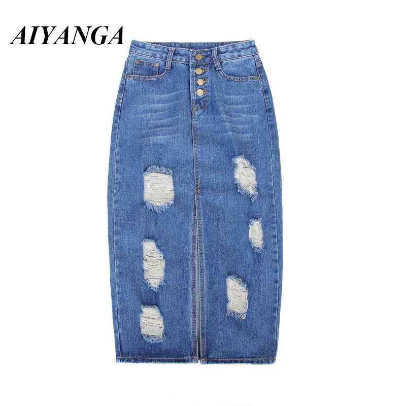 

2021 Fashion Summer Denim Skirt Women High Waist Long Ripped Hole Jean Skirts Package hip Casual Ladies Split Pencil Skirts