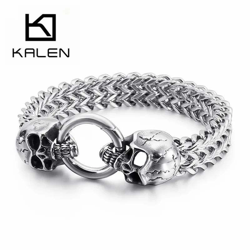 KALEN, панк, двойной череп, мужские браслеты, серебро, нержавеющая сталь, звенья цепи, браслеты для мужчин, нео-готический Шарм, Pulsera, ювелирные изделия