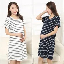 Платья для беременных женщин Летняя мода Полосатое платье с коротким рукавом Одежда халат платье для беременных L-2XL
