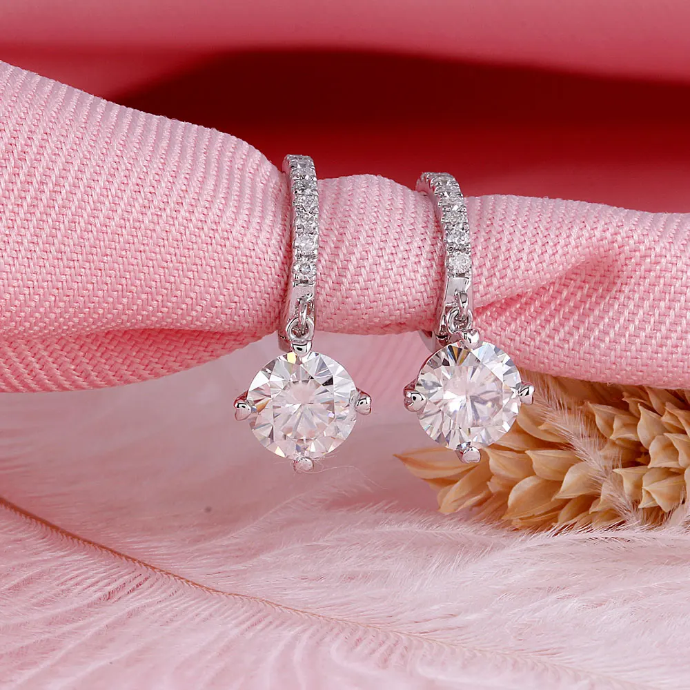 Platinum Plated Silver Center 6.5mm GH Color Hearts and Arrows Cut Lab Grown Moissanite Halo Hoop Earrings with Accent(5)