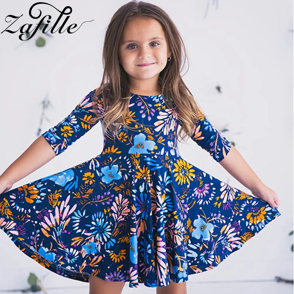 ZAFILLE Spring Mother and Daughter Matching Dress Blue Floral Printed Mommy and me Clothes Family Look Mom daughter dress