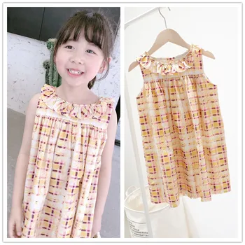 

summer baby girls clothes kids dress for girls Cute yellow plaid sleeveless dress cotton dresses