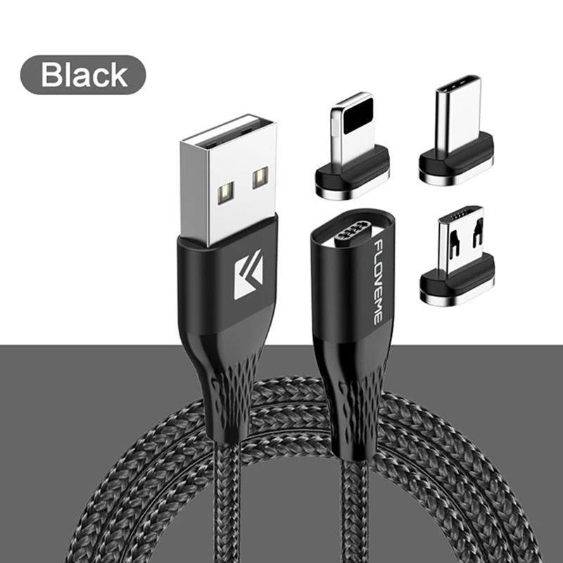 Black FLOVEME Магнитный кабель Micro usb type C для iPhone кабель освещения 1 м 3A провод для быстрого заряда type-C Магнитный кабель для зарядки телефона - Цвет: Black