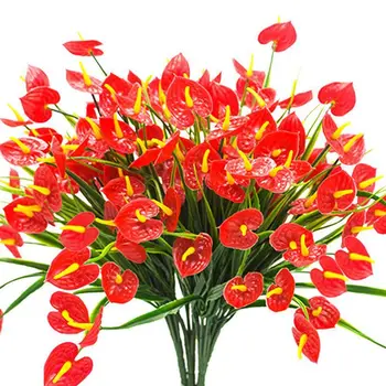 

4 Bunches Artificial Fake Flowers Faux Anthurium Plants Plastic Shrubs Bushes Greenery Indoor Outside Hanging Planter Home Decor