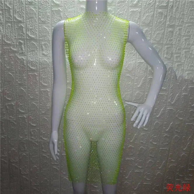 Neon Green Неоновое зеленое Сетчатое мини-платье, блестящие стразы, прозрачное, без рукавов, ажурное, открытое, для женщин, летнее, Пляжное, сексуальное, накидка - Цвет: Neon Green