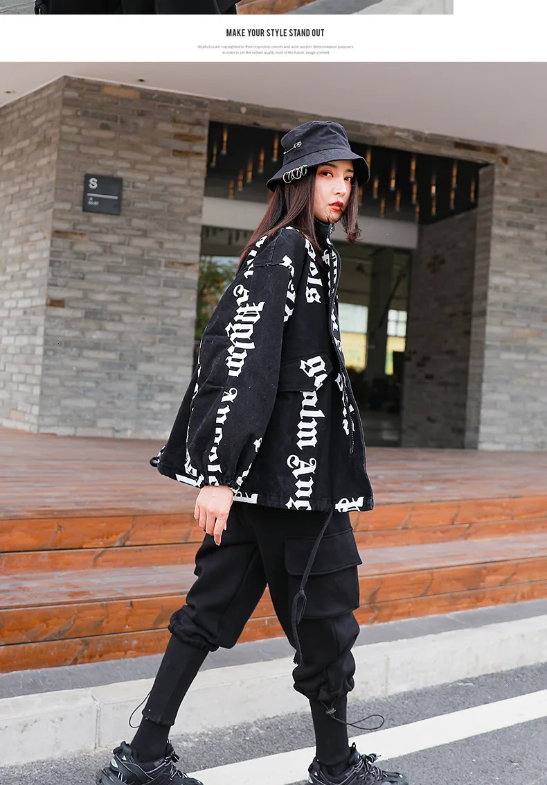 Vefadisa Letter Print Denim Coat Woman Winter Thick Denim Coat Black Zippers Stand Collar Loose Coat Hip-hop QYF1380