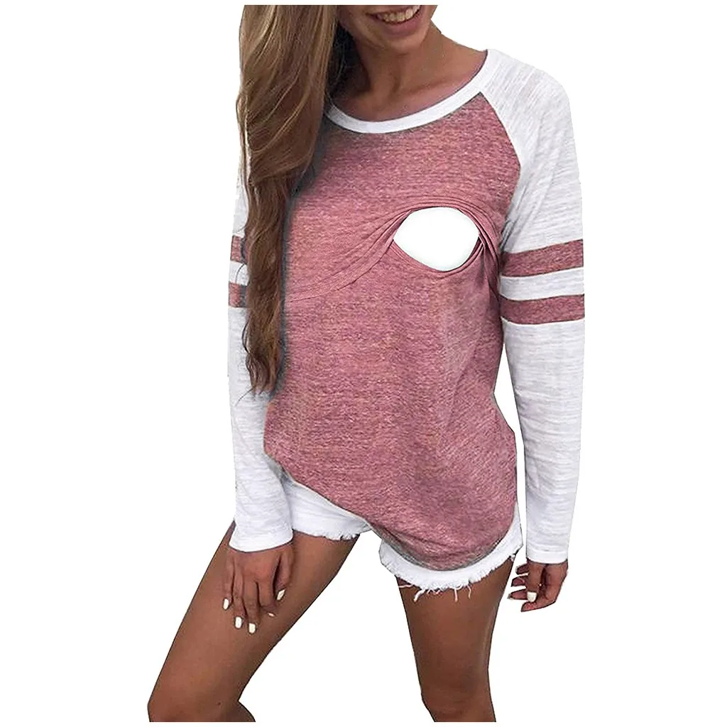 Women Maternity Long Sleeve Nursing Patchwork Color Tops Breastfeeding Blouse O-Neck Fashion Maternity blouse Hot Sale Hot Sale