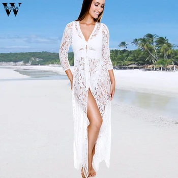 

2020 swimsuit Women summer long Sleeve Hollow See Through Lace Up Loose Beach dress Bathing Holiday Bikini Cover Ups Cardigan P0