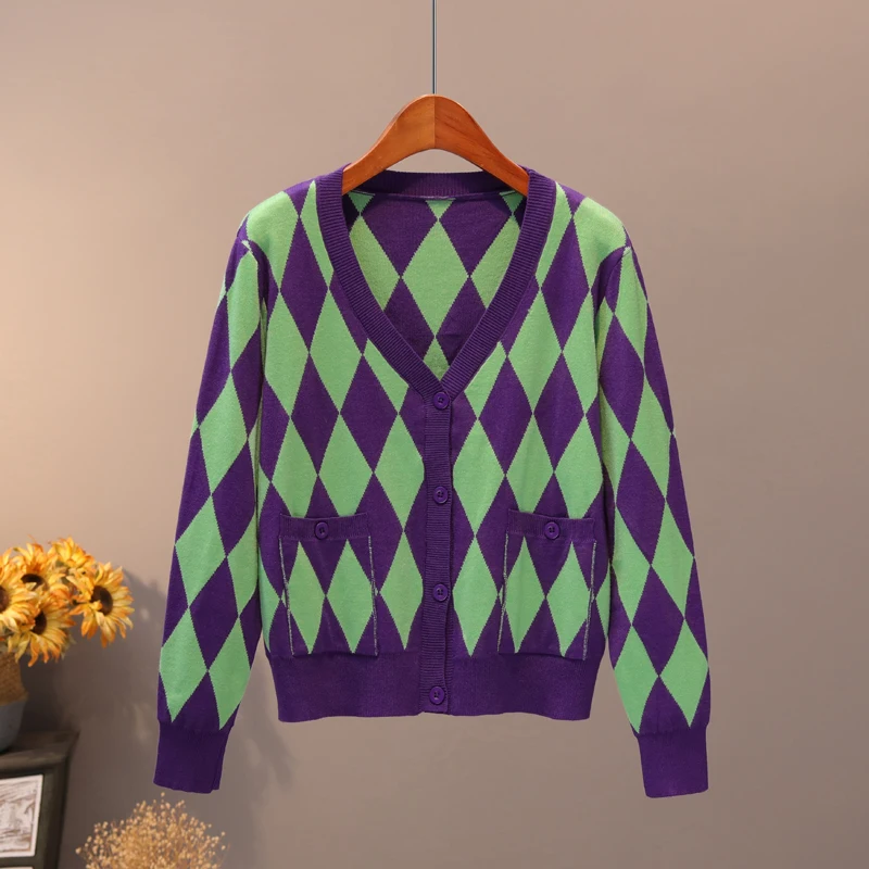 ways diamond color knitting cardigan outside during the spring and autumn outfit new v-neck long-sleeved sweater - Цвет: see chart