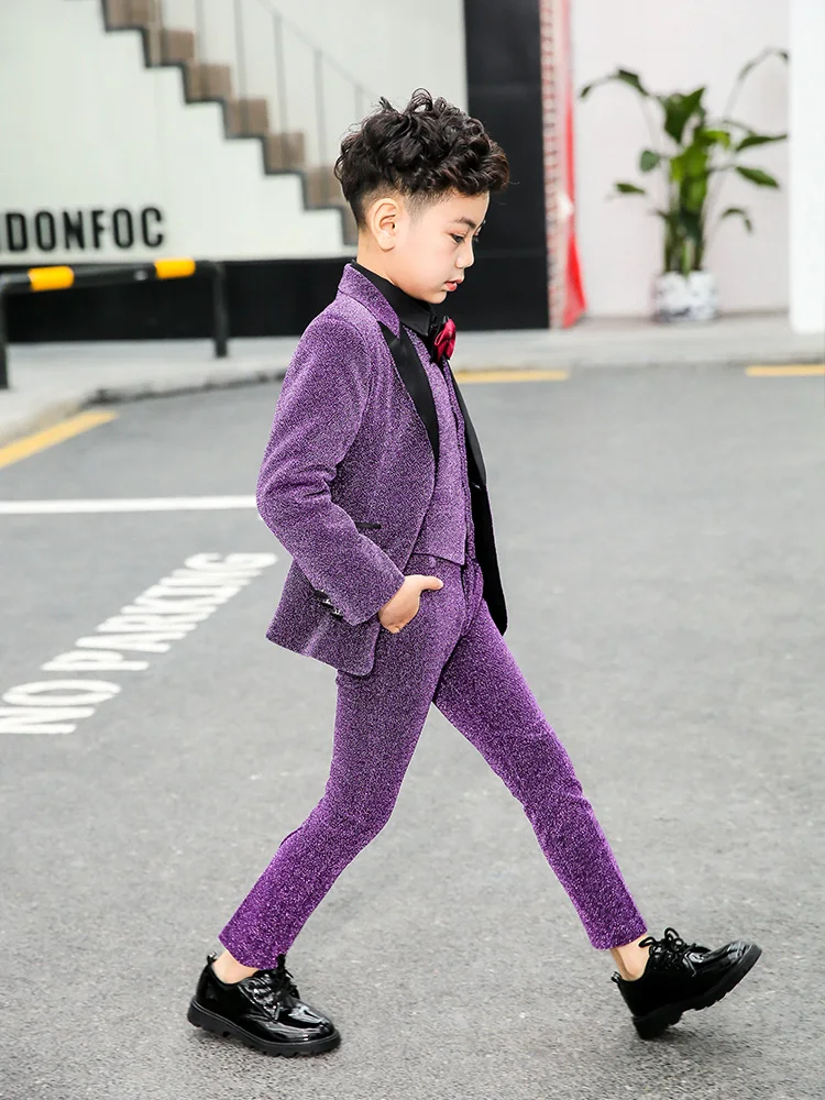 YuanLu Boys Suits Blazer Formal Coat Blazer Vest Pants For Wedding Party Piano Toddler Clothes Purple Kids Suits(2T-14