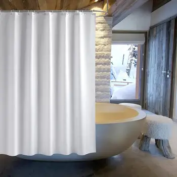 

European White Shower Curtain Solid Color 90GSM Polyester Thick Waterproof Simple Bathroom Curtains Set Partition Cloth +12Hooks