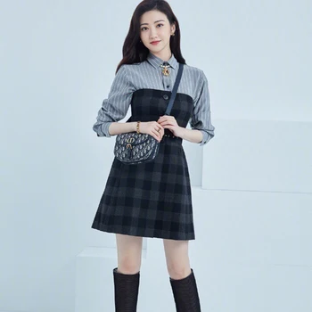 

Fall New Style Print Stripe Long Sleeve Stitching Woolen Cloth Check Belt Slim Fit Shirt Dress Women'S Clothing High Quality