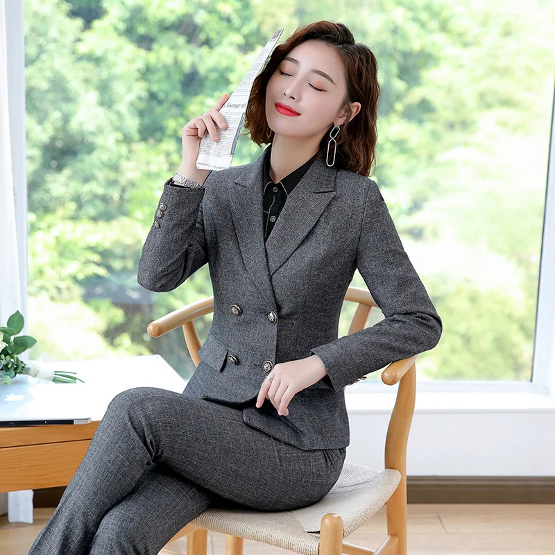 gray coat and pant IZICFLY стиль осень деловые брюки набор Униформа для женщин офисные элегантные деловые брюки костюмы для женщин Рабочая одежда плюс размер - Цвет: gray coat and pant