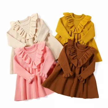 

Baby Dresses for Girls Autumn Winter Long Sleeved Knit Princess Dress Lotus Leaf Collar Pocket Doll Dress Girls Baby Clothing