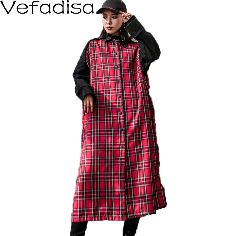 Vefadisa, Осеннее клетчатое пальто, длинное, свободное, однобортное пальто, уличная одежда, с широкой талией, Женское пальто, X-Long QYF666
