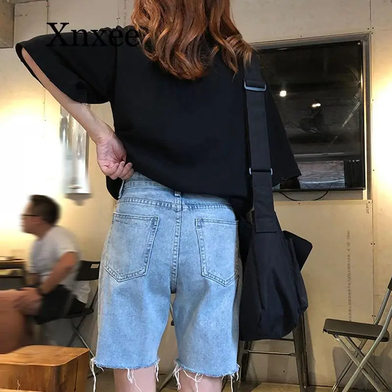 Women Summer High Waist Shorts Blue Loose Straight Denim Shorts Vaqueros Mujer Short Jeans Femme Streetwear Ladies Jeans Capris