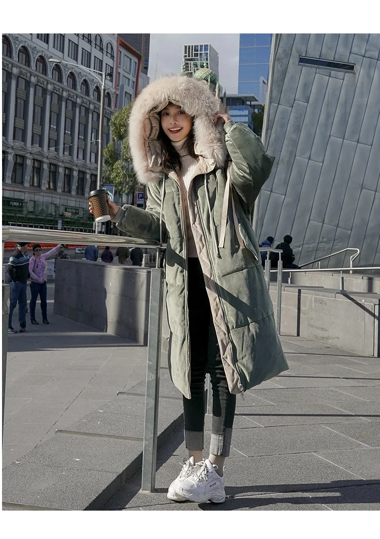 2019chic2018, корейский стиль, Зеленое Длинное пуховое пальто выше колена с лентами, с капюшоном, большой меховой воротник, бархатная хлопковая стеганая одежда для женщин