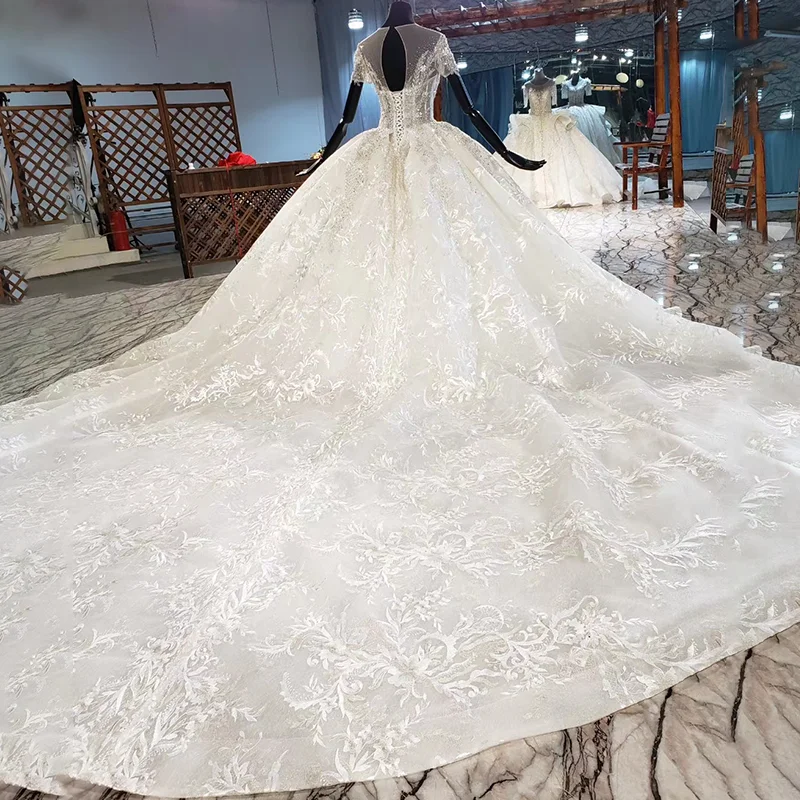 HTL1981 Elegant Extravagant Sequin Crystal Pearls Wedding Dress 2020 Sweetheart Short Sleeve Lace Up Back 2