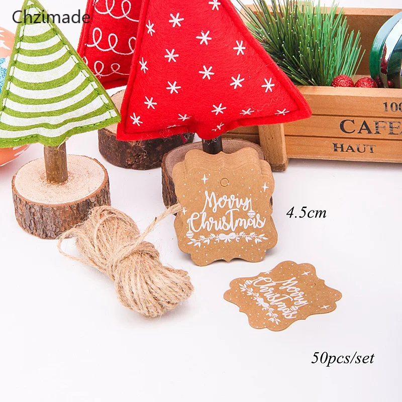 Lychee Life 25Pcs Christmas Series Kraft Paper Tags DIY Crafts Hang Tag With Rope Christmas Party Labels Gift Wrapping Supplies