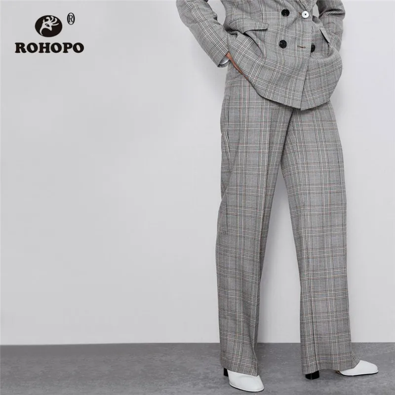 

ROHOPO Thin Striped Plaid Gray Pant Back Single Welt Pockets Zipper Fly Hook Waist Office Ladies Full Length Trousers #2288